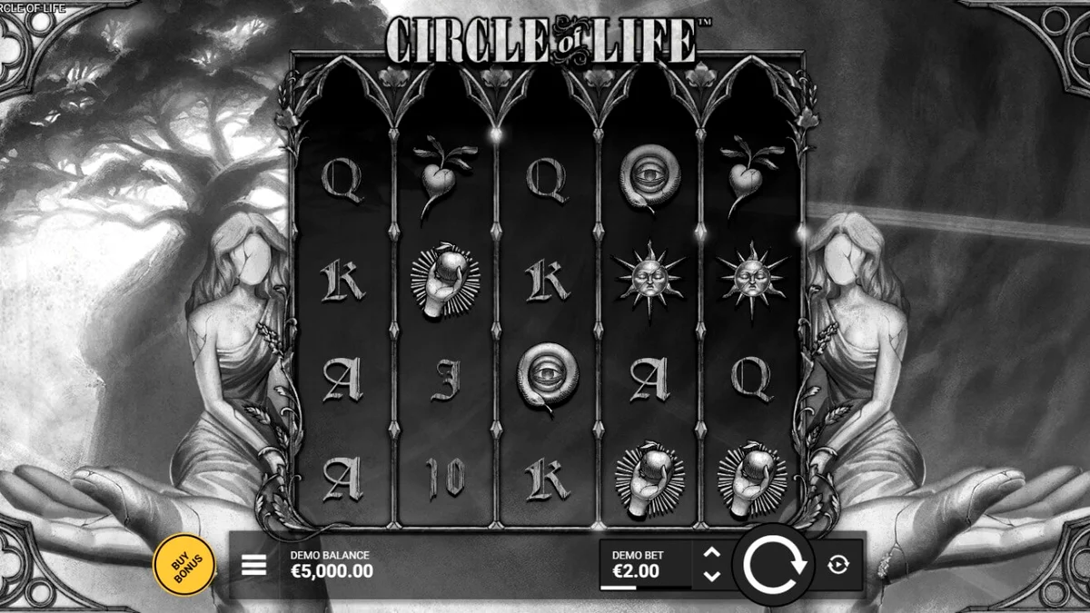 O design monocromático e artístico do jogo Circle of Life da Hacksaw Gaming
