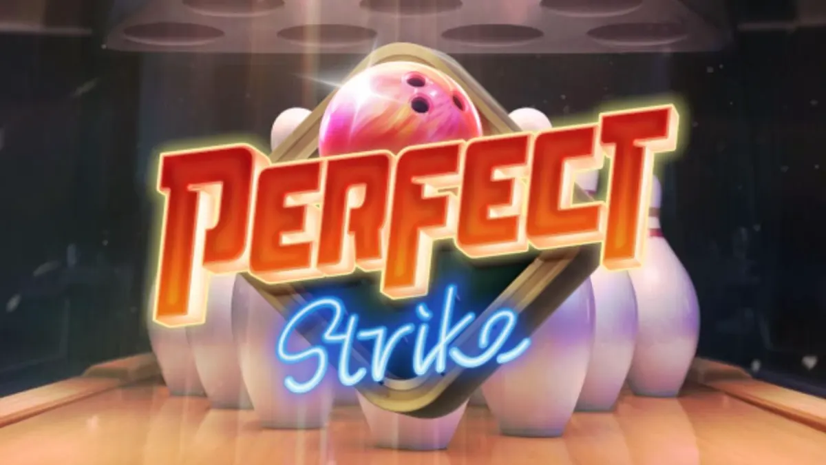 Interface do jogo de slot Perfect Strike com tema de boliche neon
