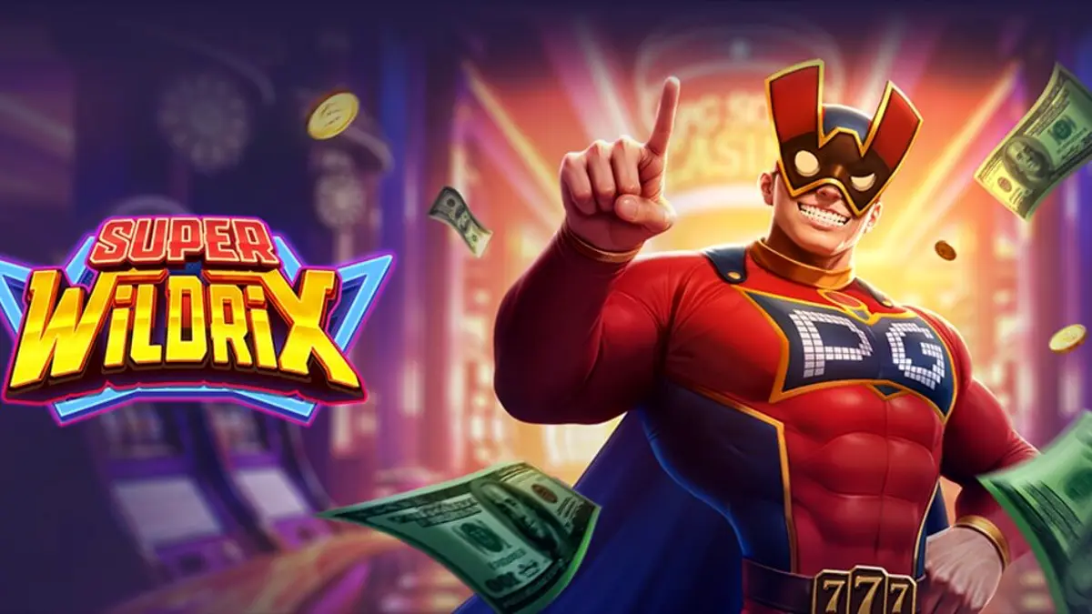 Interface vibrante do slot Super Wildrix com elementos neon e super-heróis