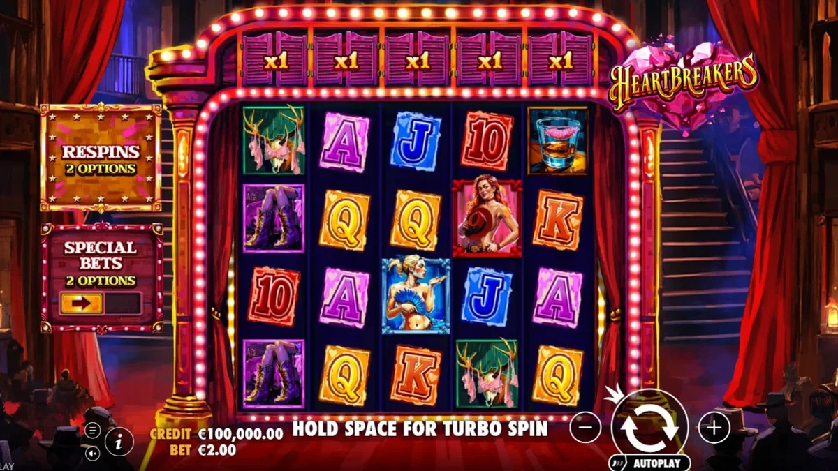 Cenário de jogo do slot Heartbreakers com estética de cabaré e Velho Oeste