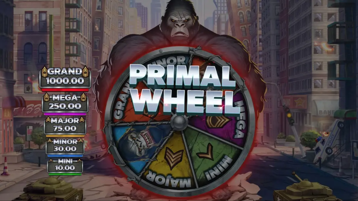 Cenário de selva com um gorila colossal e elementos de slot Primal Rampage